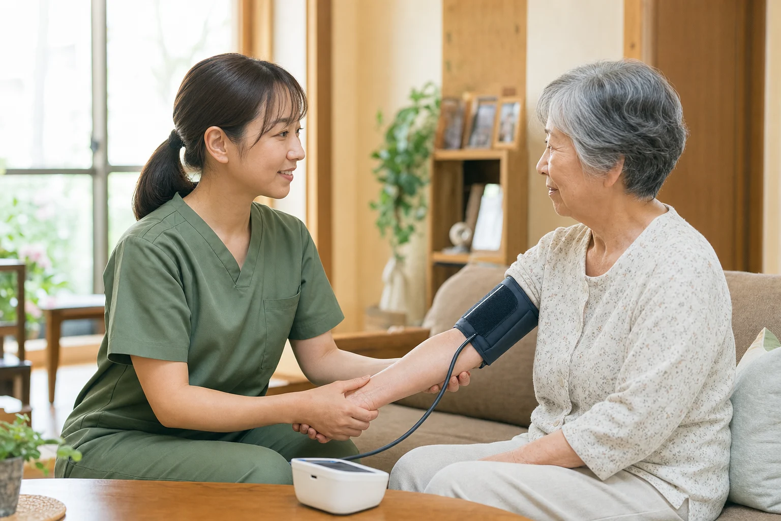 定期巡回で利用者の血圧を測る訪問看護師